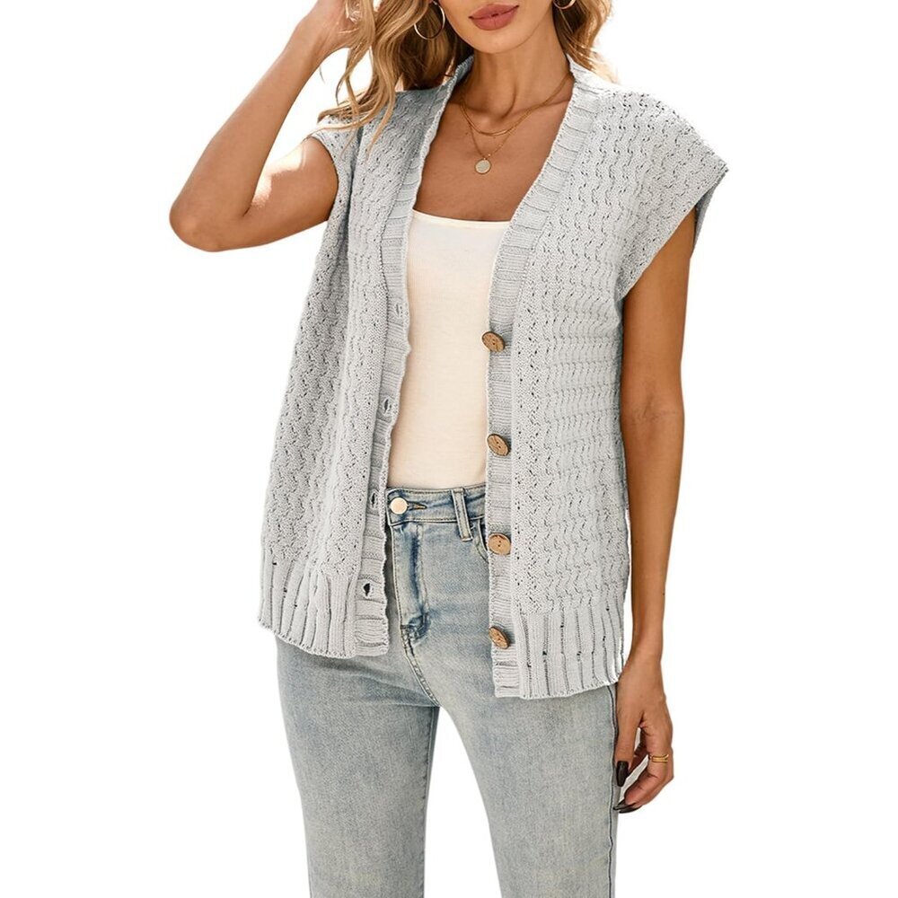 Women's Cable Knit Sweater Vest Oversized Sleeveless Button Up Top
